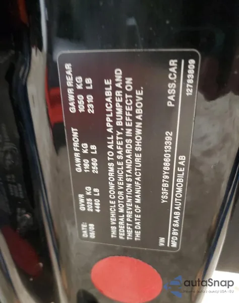 2008 Saab 9-3 2.0T from USA, damaged, VIN YS3FB79Y886013392